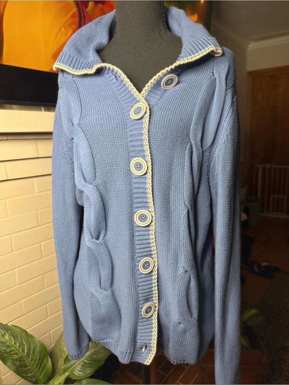 croft & barrow Light Blue Cable Knit Button-Front Cardigan with Cream Trim